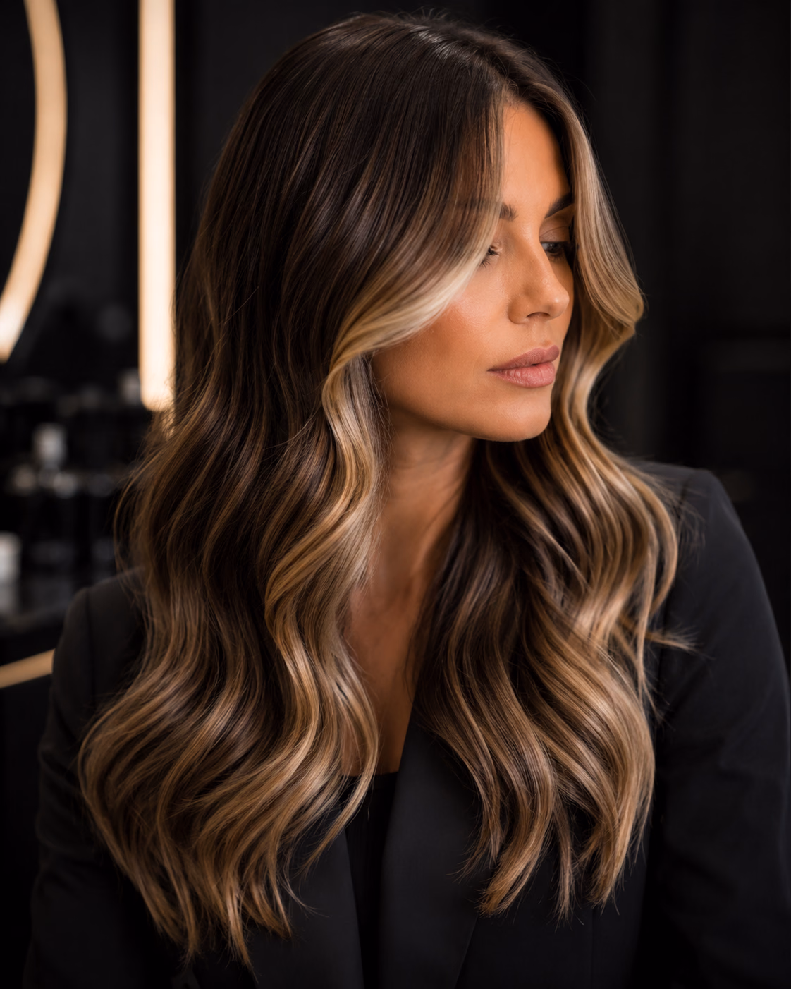 Editorial view of glossy, softly waved hair