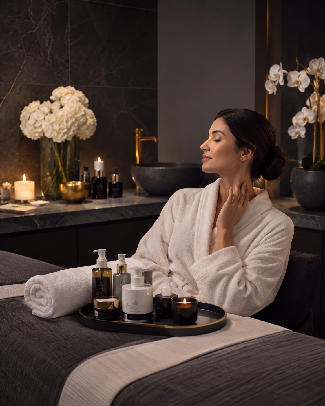 A calm wellness ritual in warm neutral light